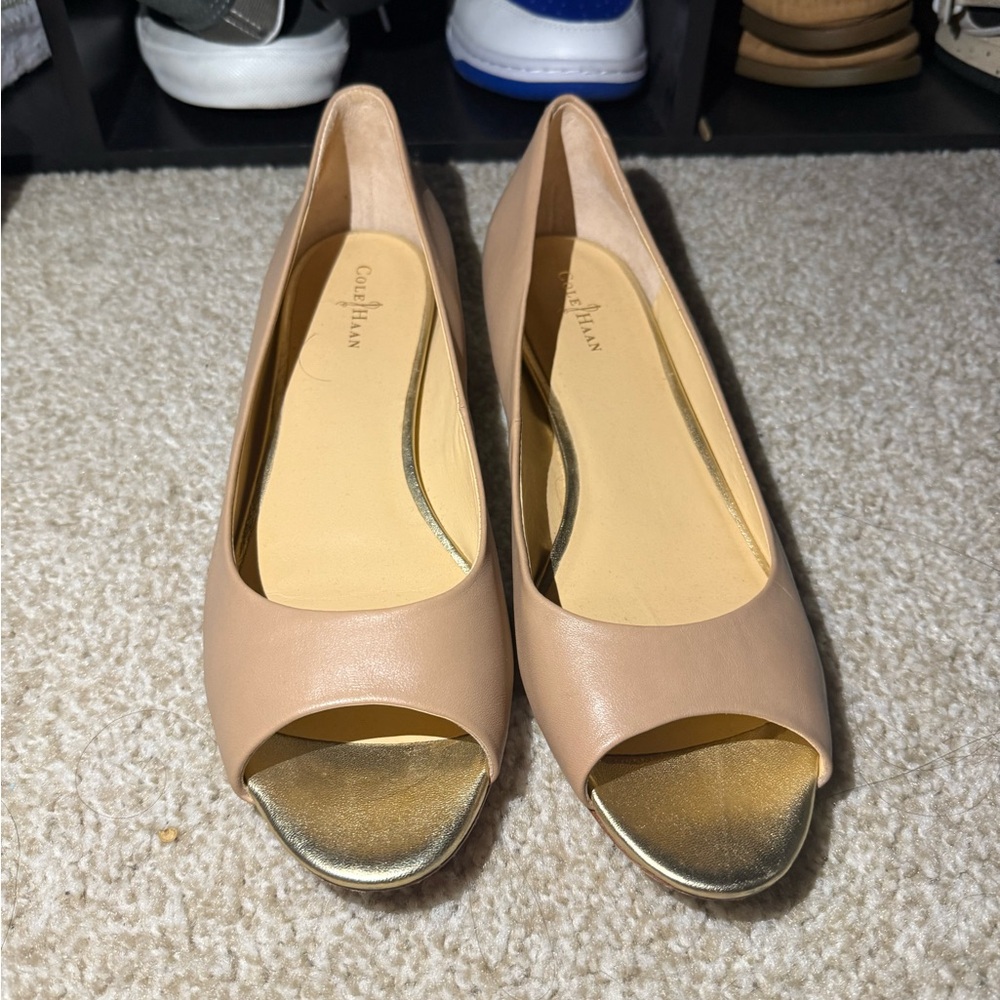Cole Haan Tan and Gold Heels with Peep Toe Design